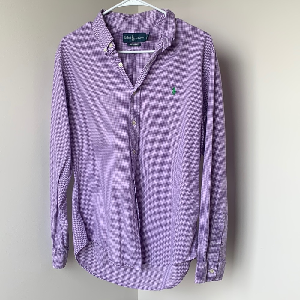 RALPH LAUREN. Custom Fit, Long Sleeve Dress Shirt. Purple/white. Medium